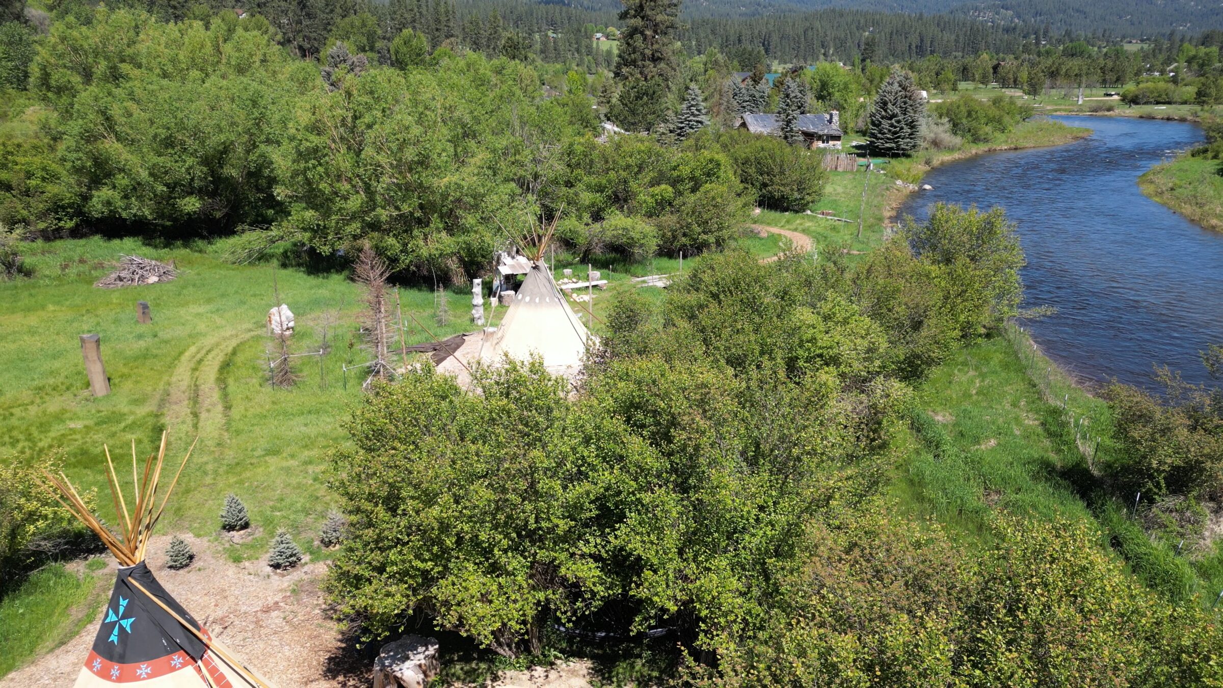 Aerial view of Teepees by the River along the Middle Fork of the Payette in Garden Valley, Idaho