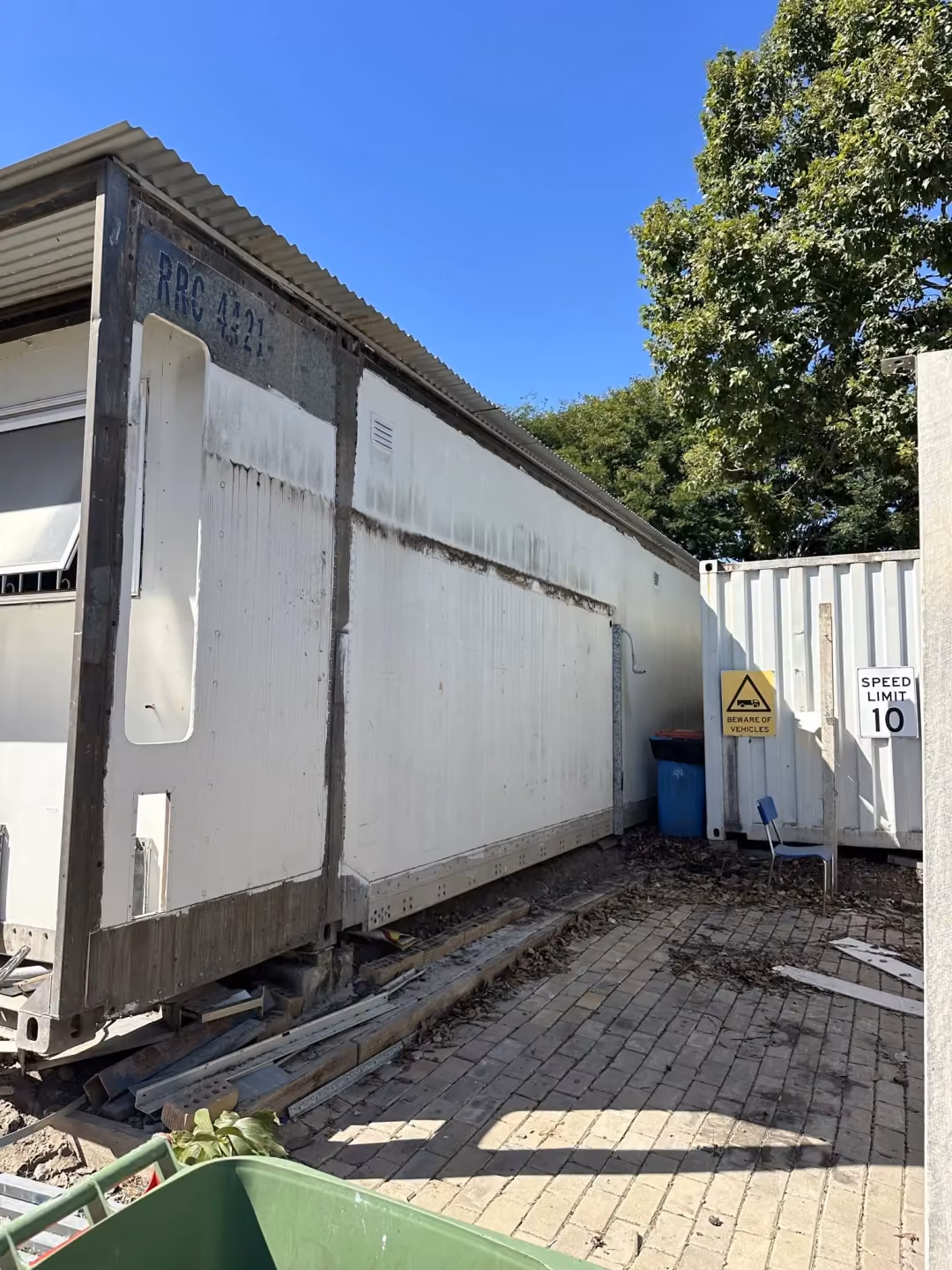 Side of a transportable building on the Goodness site