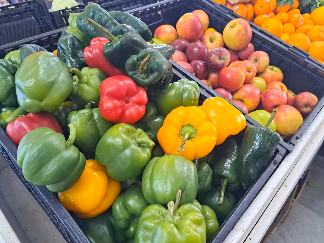 Crates of fresh capsicums and apples
