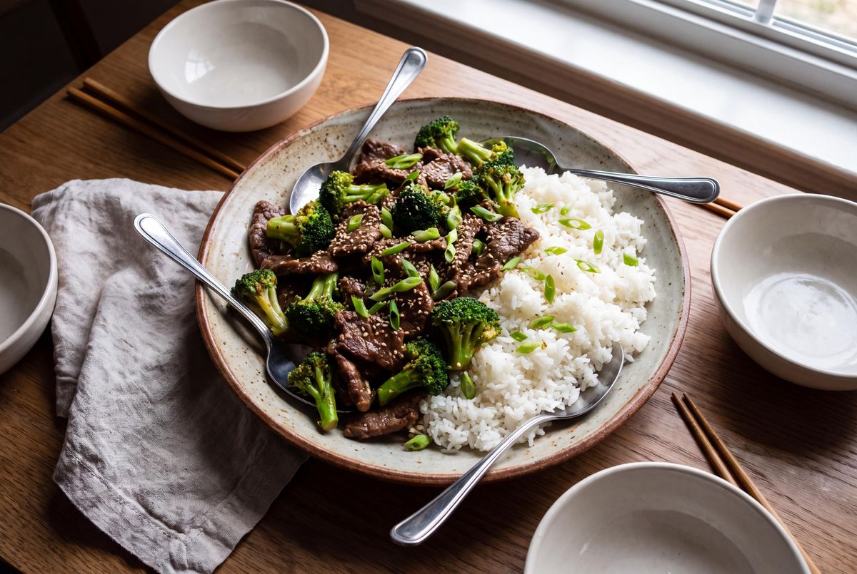 Takeout-style beef and broccoli with rice