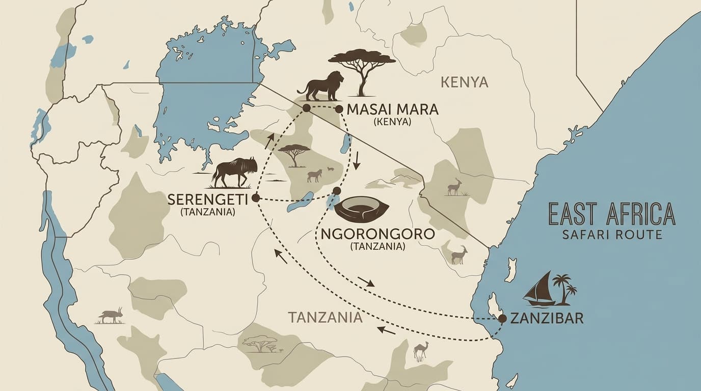 Illustrated map of the East Africa safari route, tracing the journey from the Masai Mara in Kenya through the Serengeti and Ngorongoro in Tanzania and out to Zanzibar on the Indian Ocean