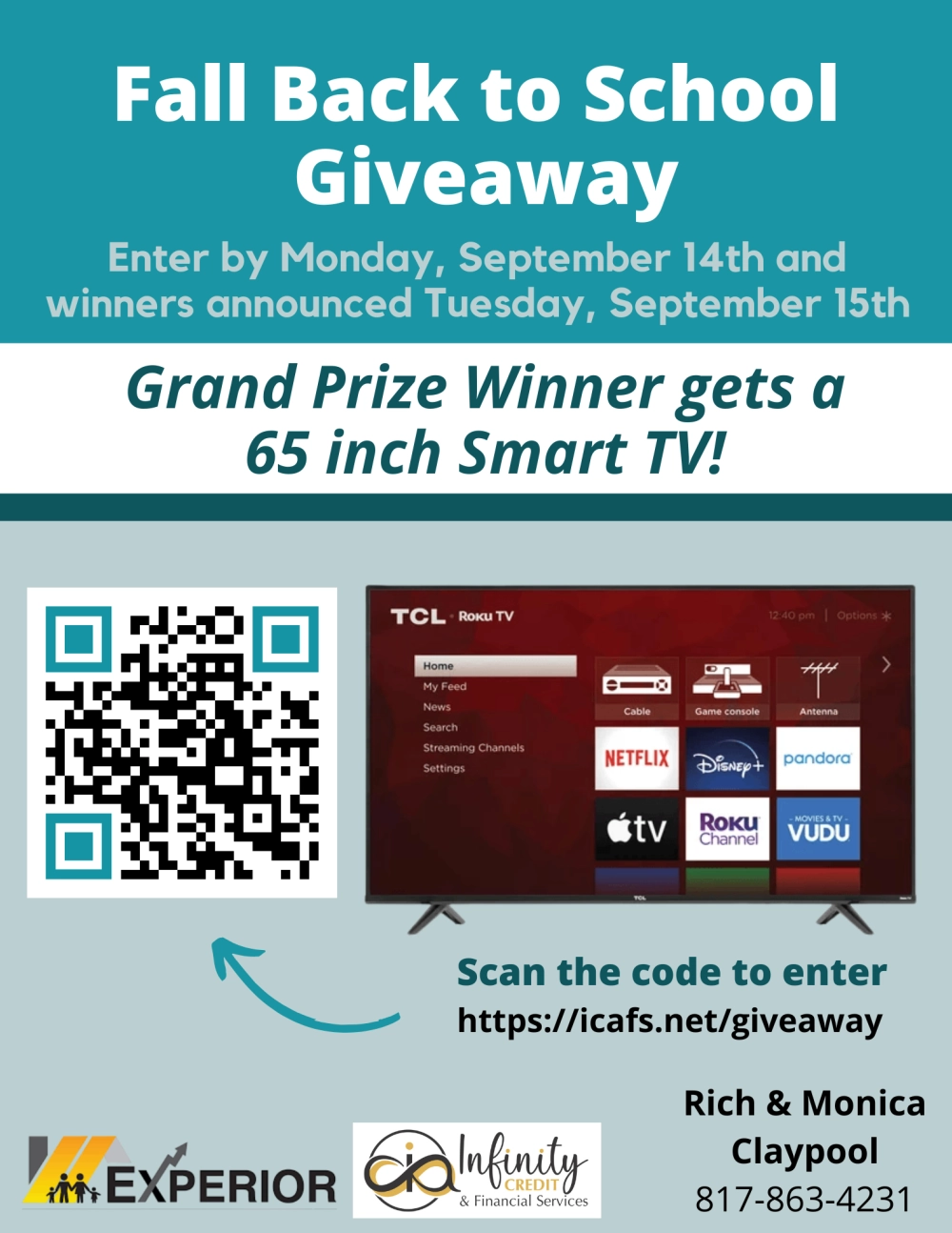 Fall Back to School Giveaway: Grand Prize Winner gets a 65 inch Smart TV. Enter by Monday, September 14th; winners announced Tuesday, September 15th.
