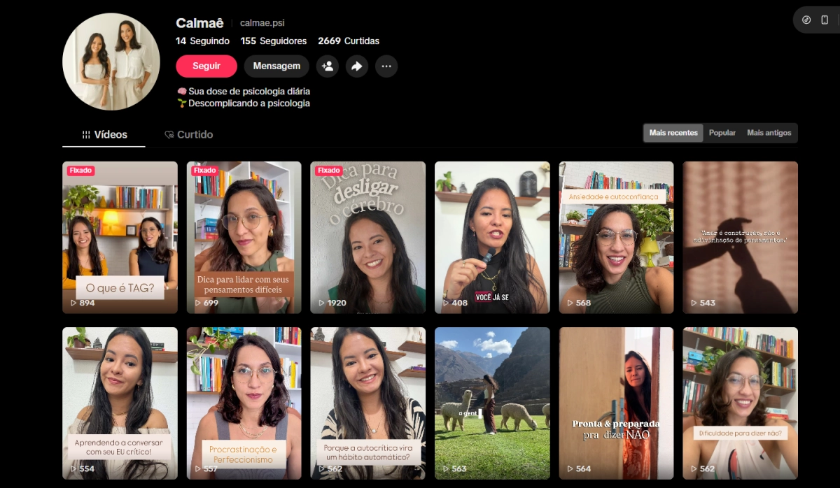 Perfil do TikTok do Calmaê Psicologia
