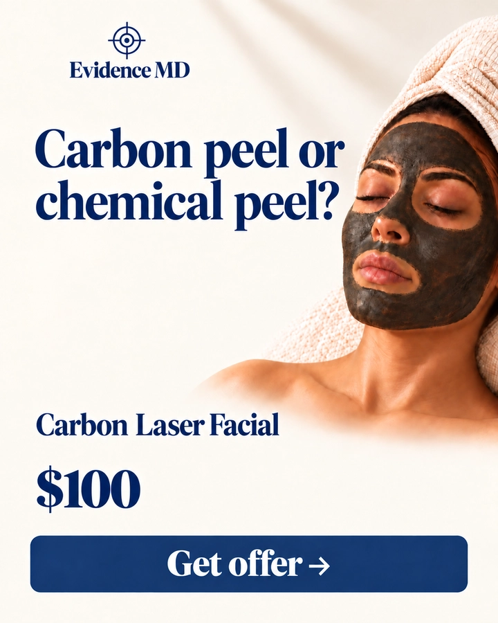 Evidence MD Carbon Laser Facial ad showing a woman with a carbon face mask, the $100 offer and Get offer.