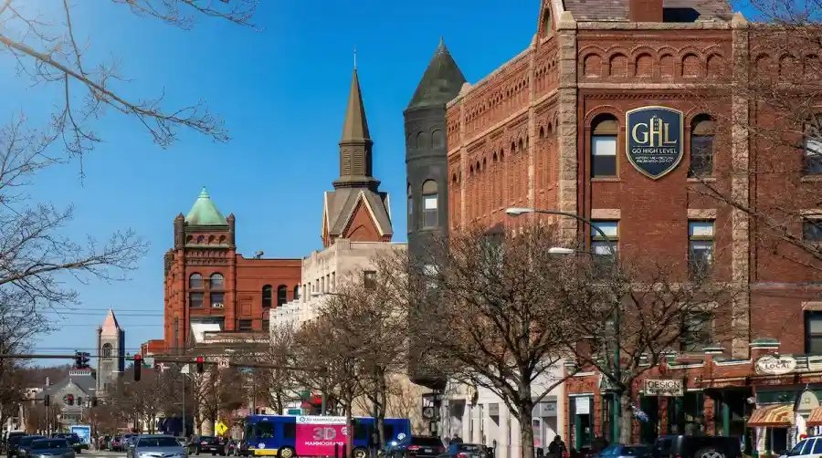 Brick buildings and church spires along Main Street in downtown Nashua