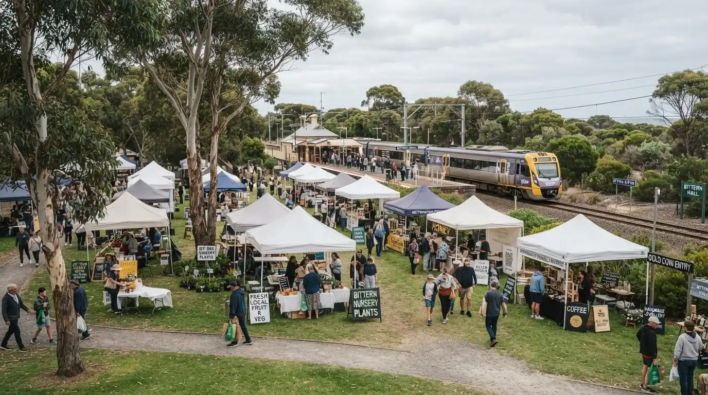 Bittern, VIC — relaxed Sunday community market with white stalls and gazebos selling local produce and crafts on the grass beside the Bittern V/Line train station, with a commuter train on the tracks and mature eucalyptus gum trees on the Mornington Peninsula