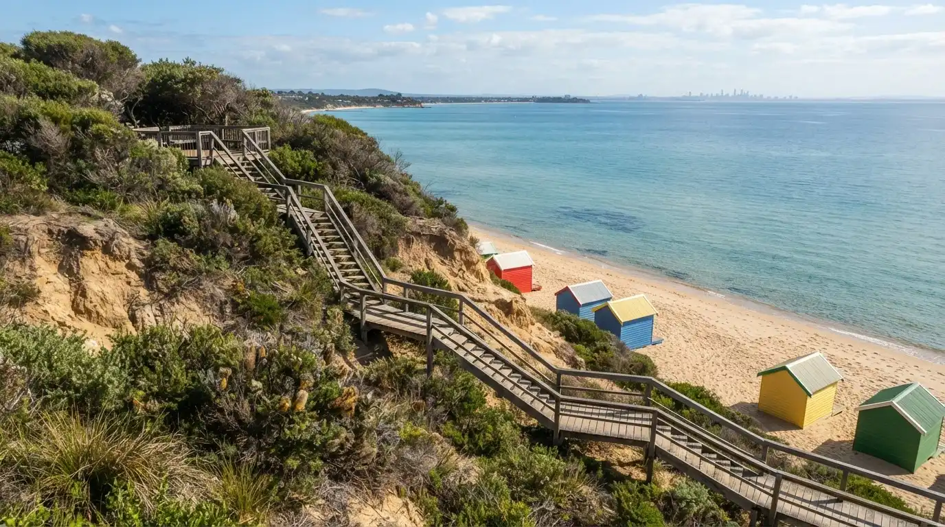Mount Eliza, VIC — cliff-top foreshore with boardwalk stairs to a calm Port Phillip Bay beach and historic bathing boxes, Mornington Peninsula