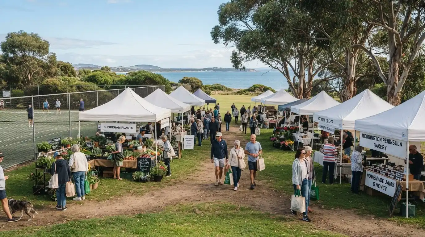 Shoreham, VIC — relaxed Sunday community market with white stalls and gazebos selling local produce and crafts on the grass near the Shoreham tennis courts, under mature eucalyptus gum trees with Western Port Bay in the distance on the Mornington Peninsula