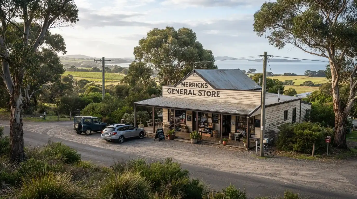 Merricks, VIC — historic weatherboard Merricks General Store with deep verandah and painted signage, set among mature eucalyptus gum trees on a quiet rural coastal road on the Mornington Peninsula