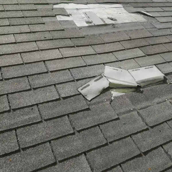 Damaged shingles exposing roof underlayment