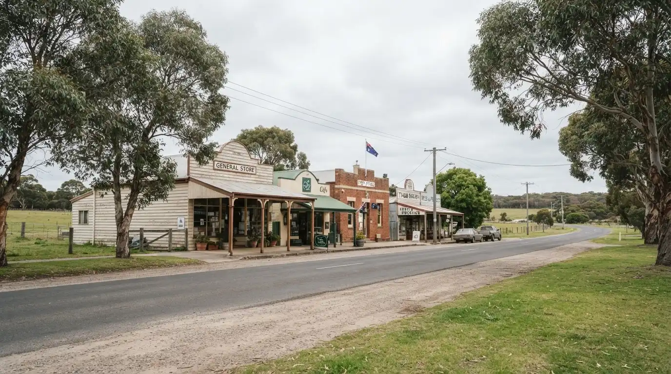 Tyabb, VIC — quiet semi-rural country township streetscape with modest single-storey local shops, a heritage-style general store with verandah, mature eucalyptus gum trees and grassy nature strips on the Mornington Peninsula