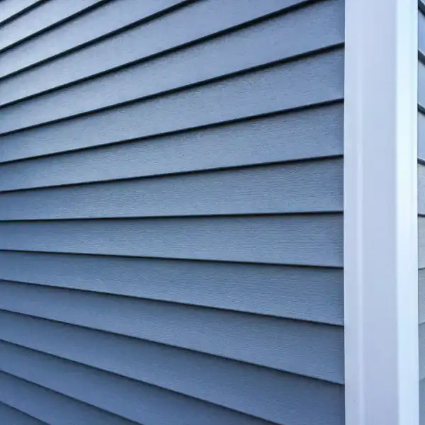 Blue horizontal siding and white trim