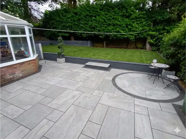 Landscaped garden path with lawn and brick wall in Manchester