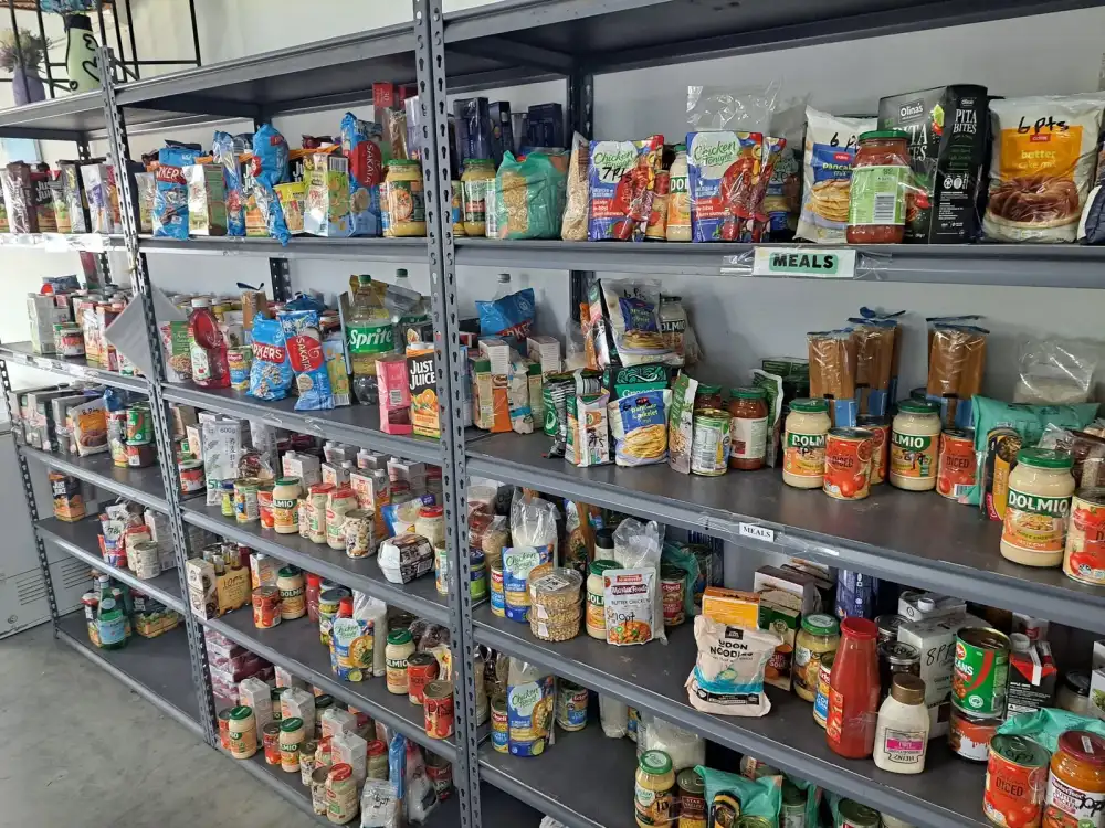 Rows of pantry shelving stocked with tins and jars