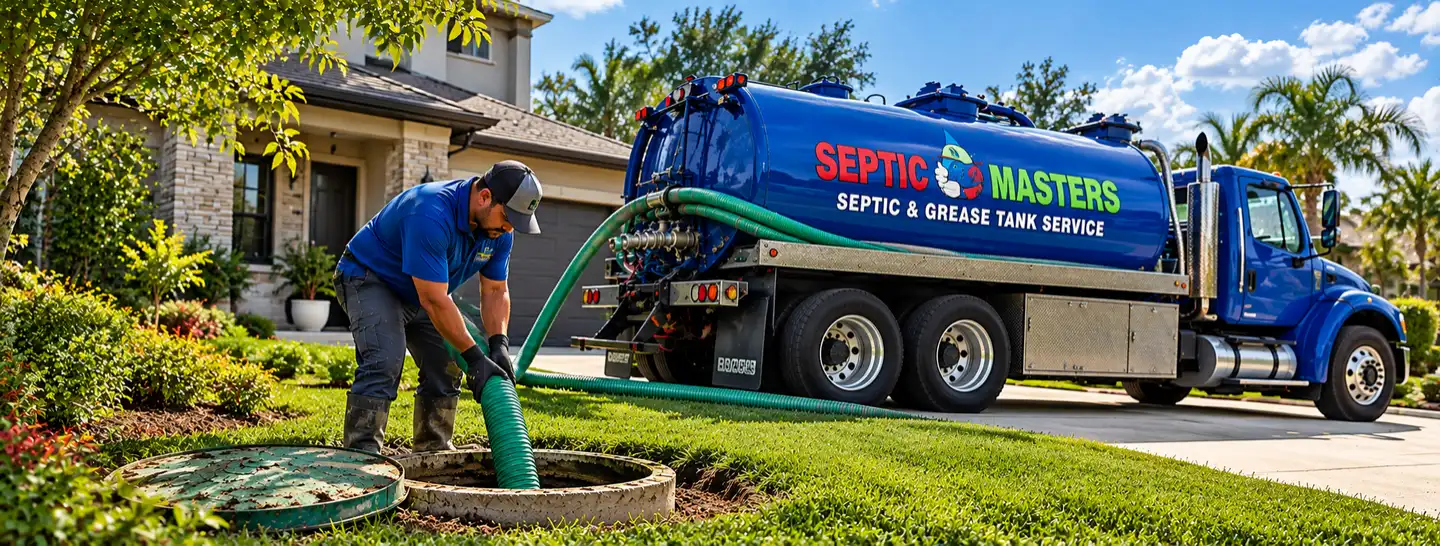 Technician pumping a residential septic tank in Miami with a blue Septic Masters pump truck parked behind him