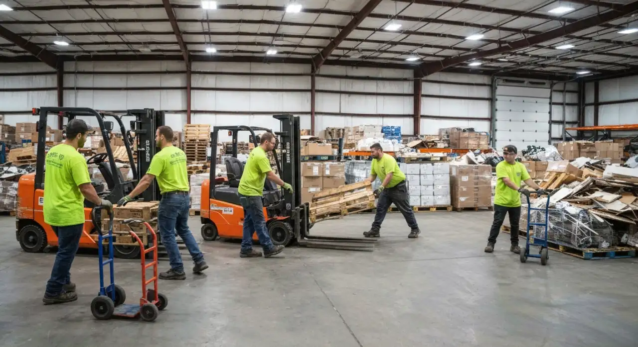 Junk removal crew clearing out a large commercial warehouse in Aurora