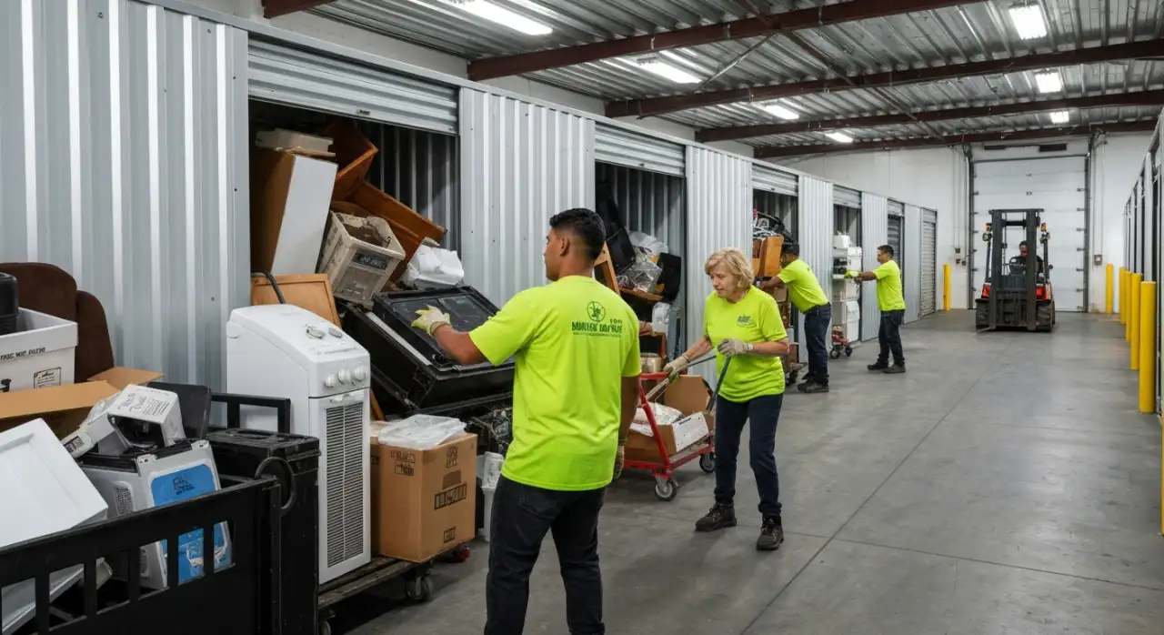 Junk removal crew clearing out multiple storage units at a commercial storage facility