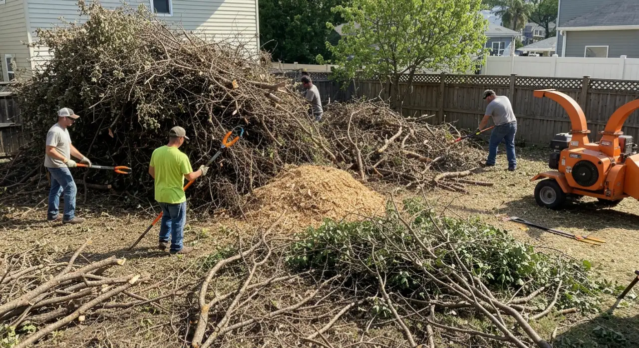 Pile of yard debris and branches being cleared by Mile High Junk