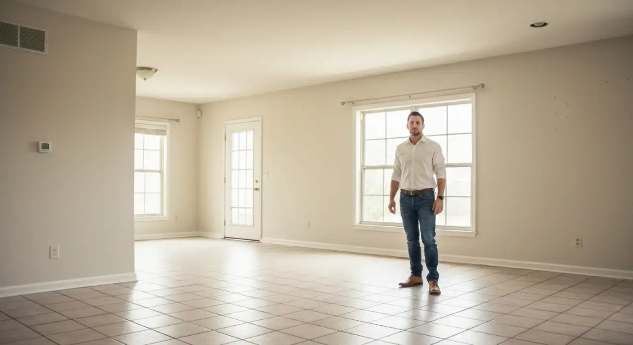 Real estate agent in an empty foreclosure property ready for listing