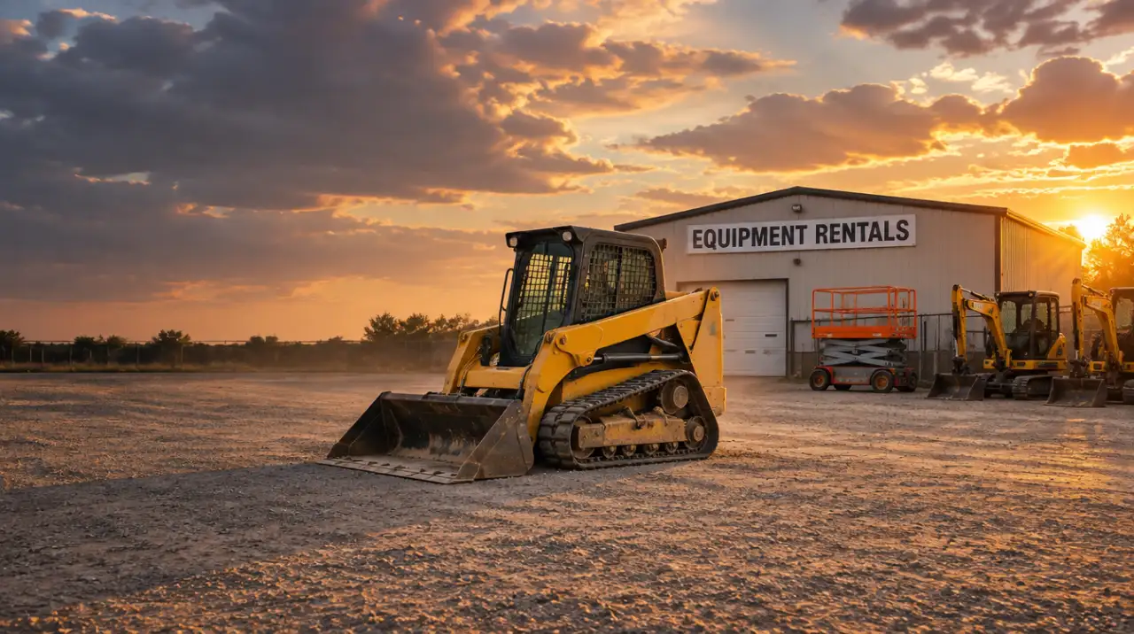 Equipment rental yard at sunset with a compact track loader in front of the rental building