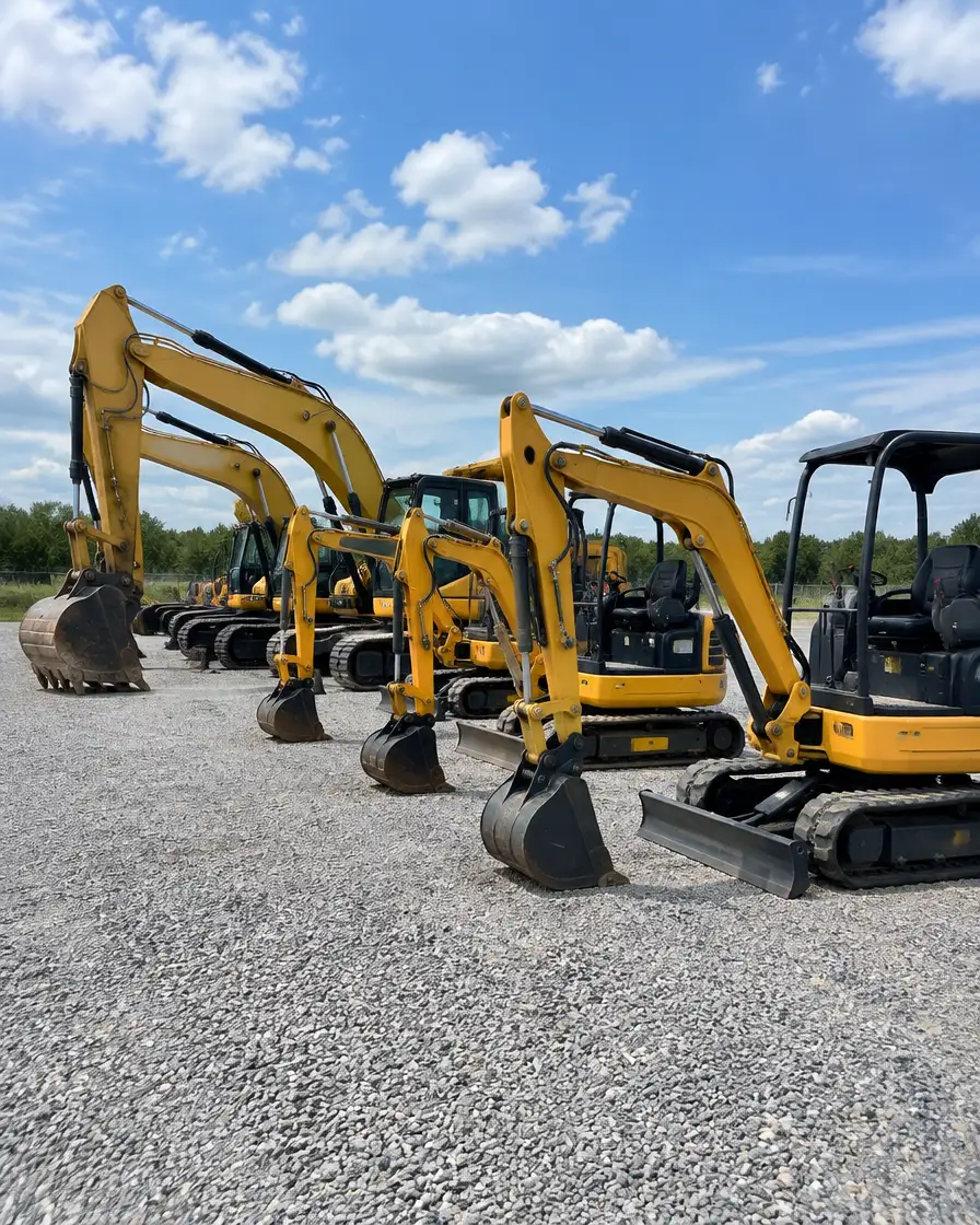 A row of excavators parked idle in a rental yard