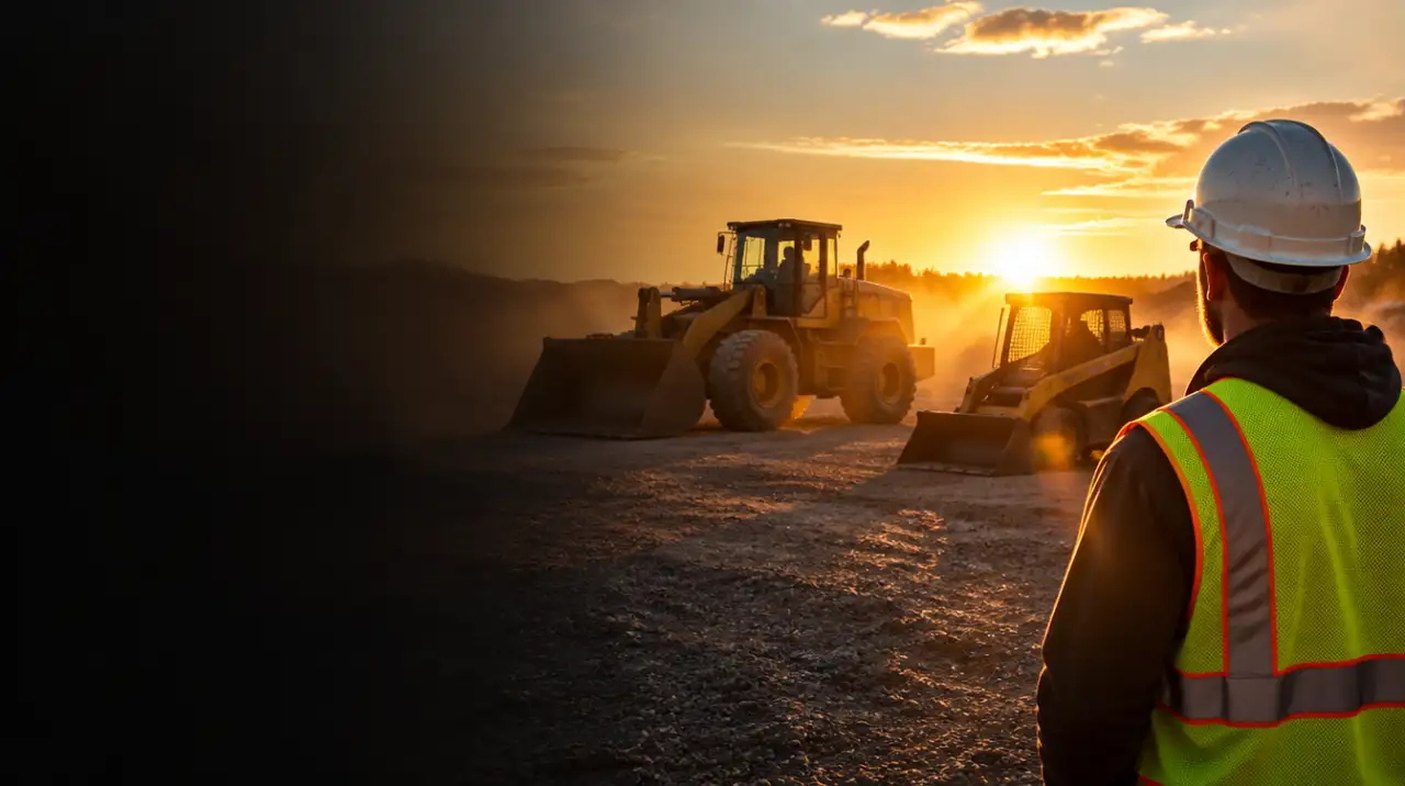 Rental worker in hard hat and safety vest watching loaders at sunset