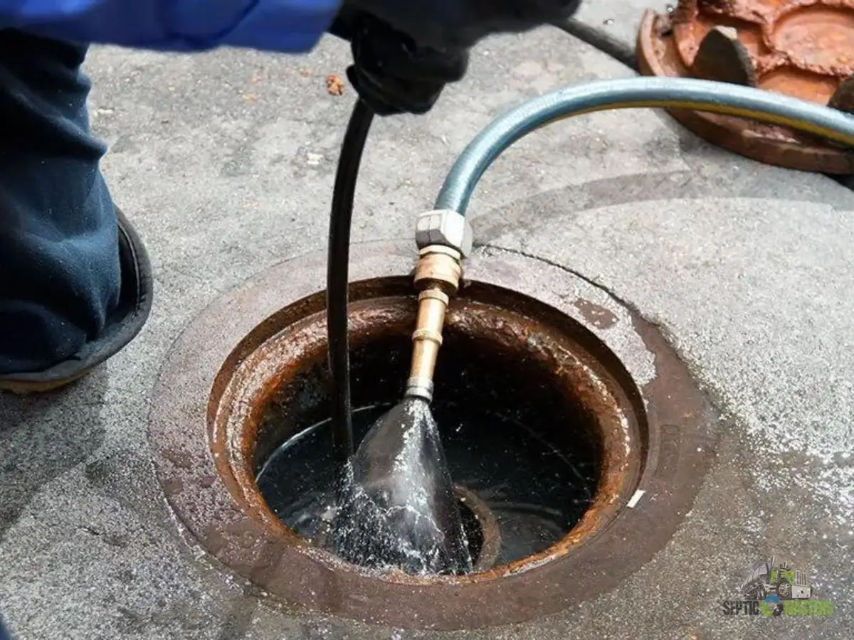 Hose pumping out an open septic tank