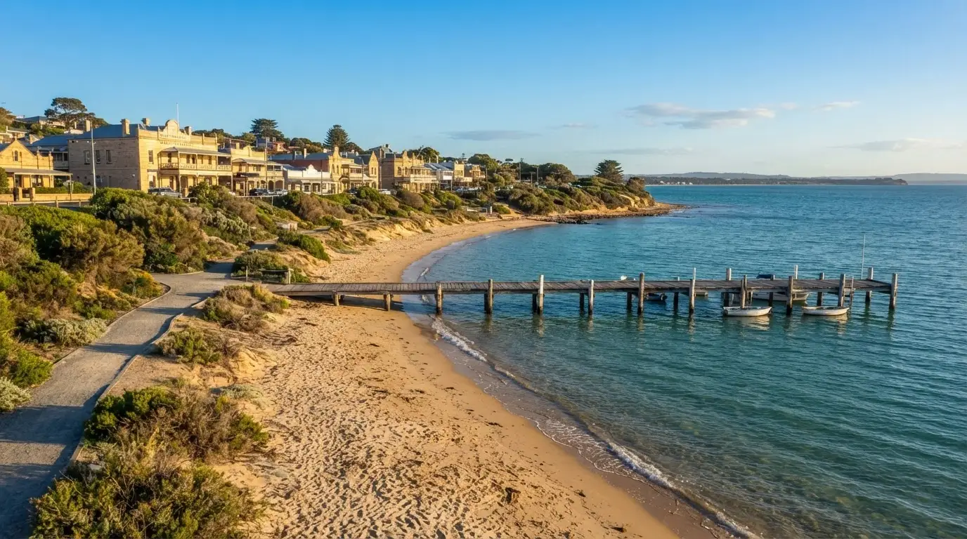 Sorrento, VIC — calm Port Phillip Bay foreshore with sandy beach, wooden jetty, native coastal tea-tree scrub and historic limestone buildings along the main street, Mornington Peninsula