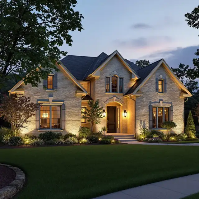 Home exterior at dusk with warm entry and landscape lighting