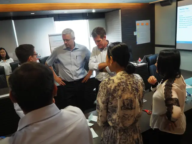 Participants discussing an activity during an onsite leadership workshop.