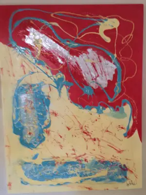 Red Wink — original Yellow latex, acrylic glaze and nail polish painting by Doriel Wyler, 30" x 40"