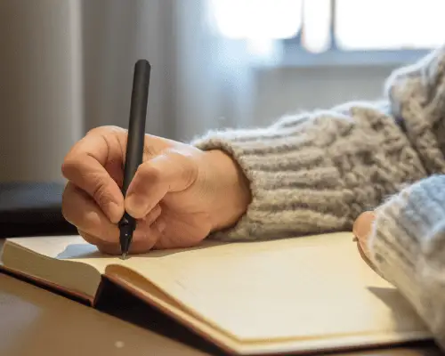 Writing in a journal by the window