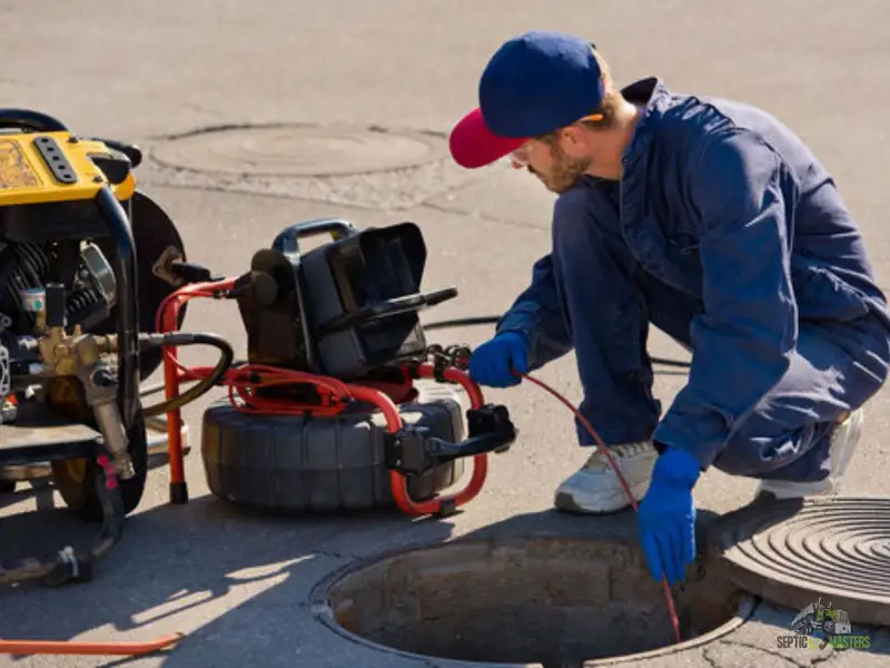 Technician setting up inspection equipment at a septic access point