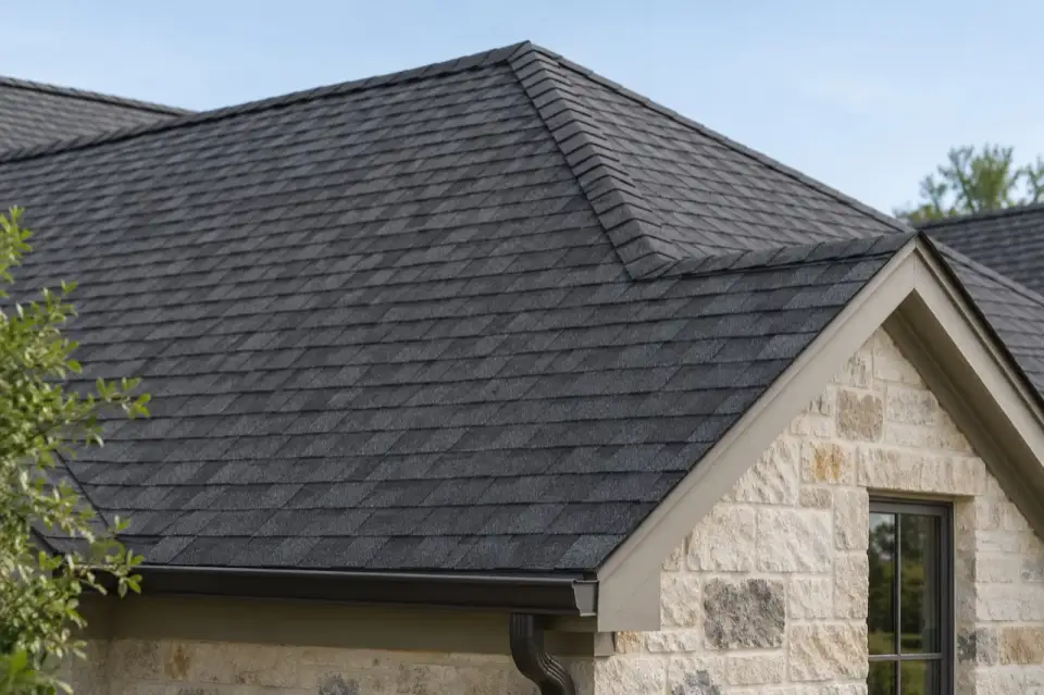 Close view of asphalt shingles and ridge details