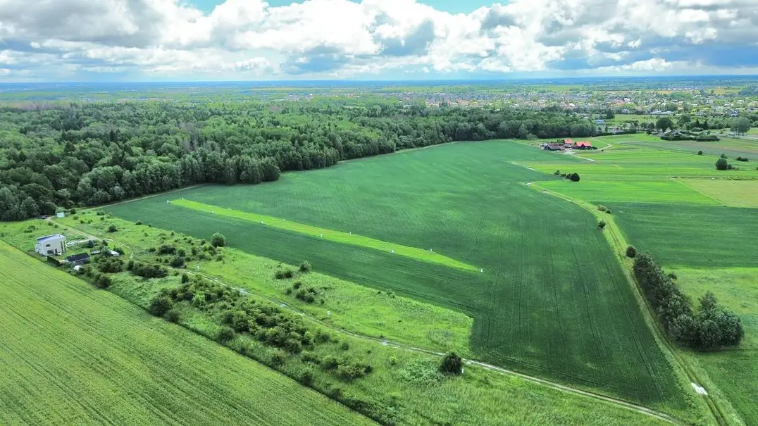 Žemės sklypas tarp laukų ir medžių juostos iš drono