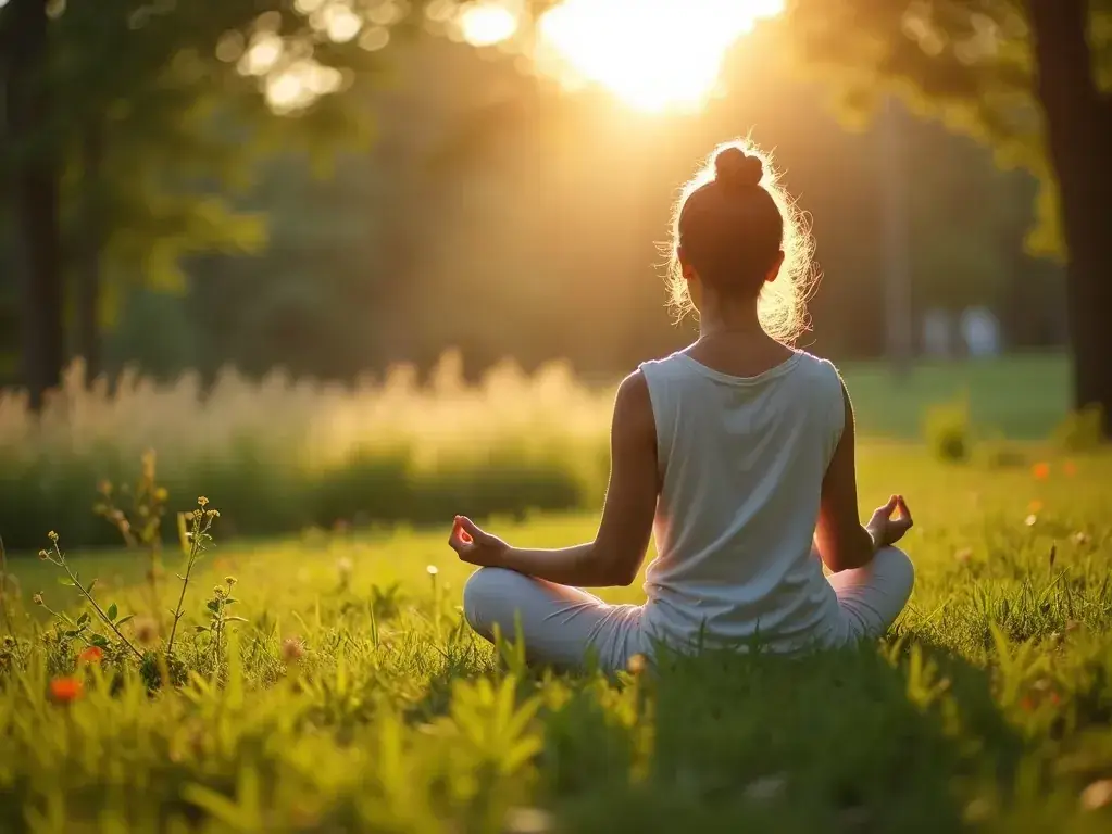 Woman meditating cross-legged on the grass in a sunlit park, seen from behind