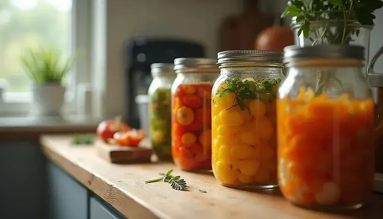 Glass jars of fermented cherry tomatoes and vegetables lined up on a wooden kitchen bench