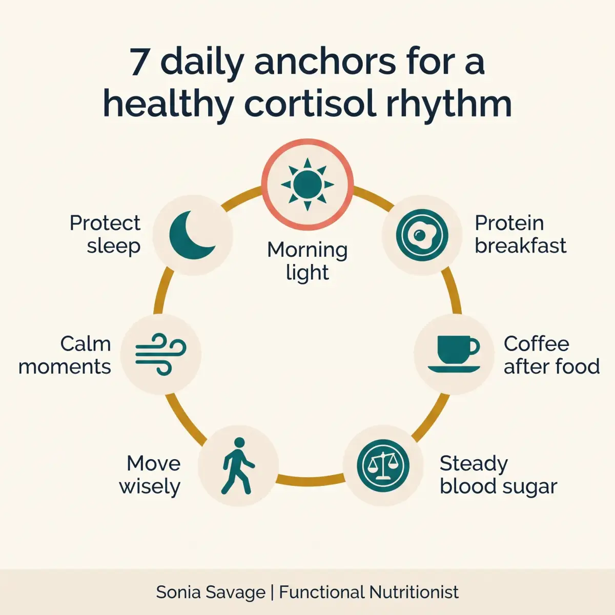 Checklist infographic of six common signs of a disrupted cortisol rhythm in perimenopause.