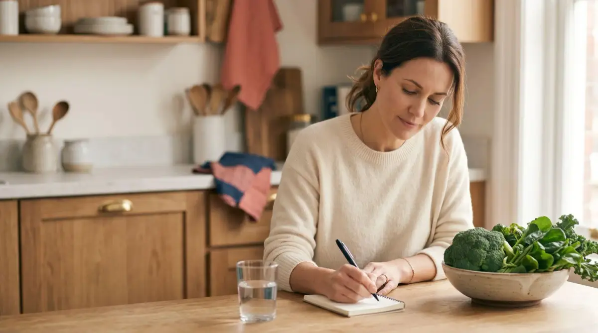A woman writing in a notebook at a kitchen bench beside fresh cruciferous vegetables, tracking her cycle symptoms.