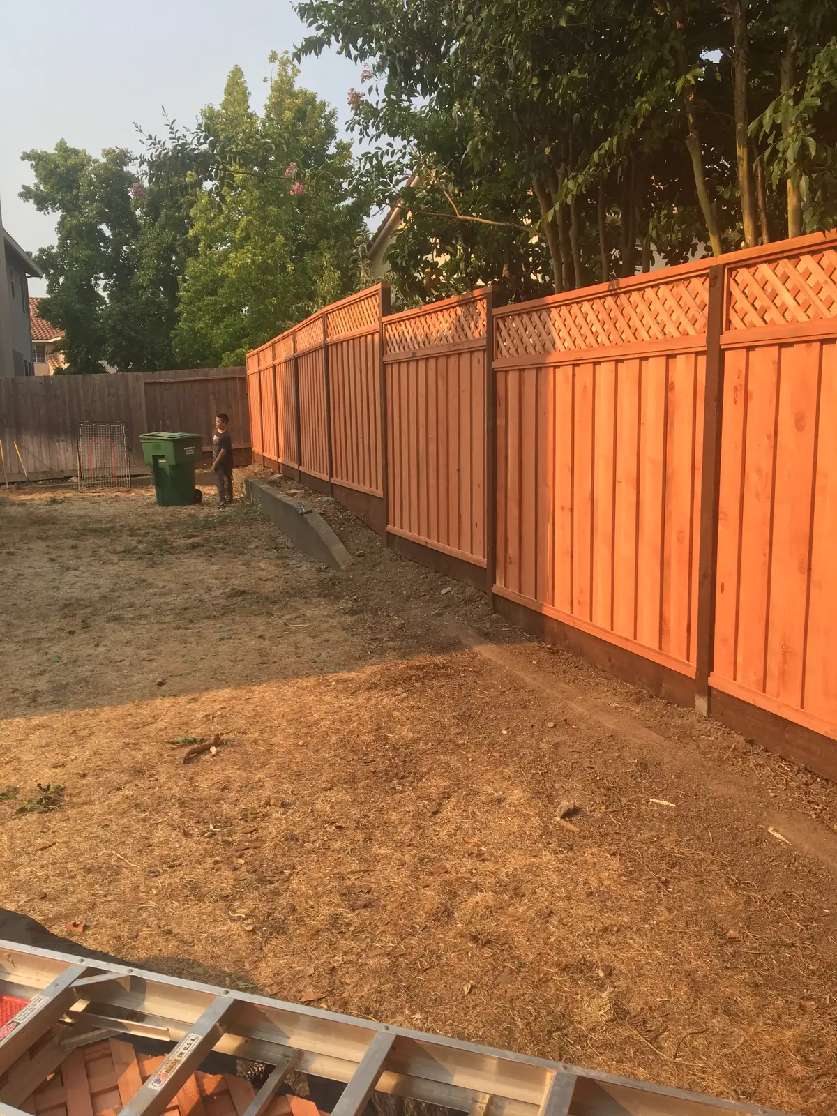Long run of new redwood privacy fence with a lattice top and dark-stained posts across a dry backyard, seen from beside a work ladder