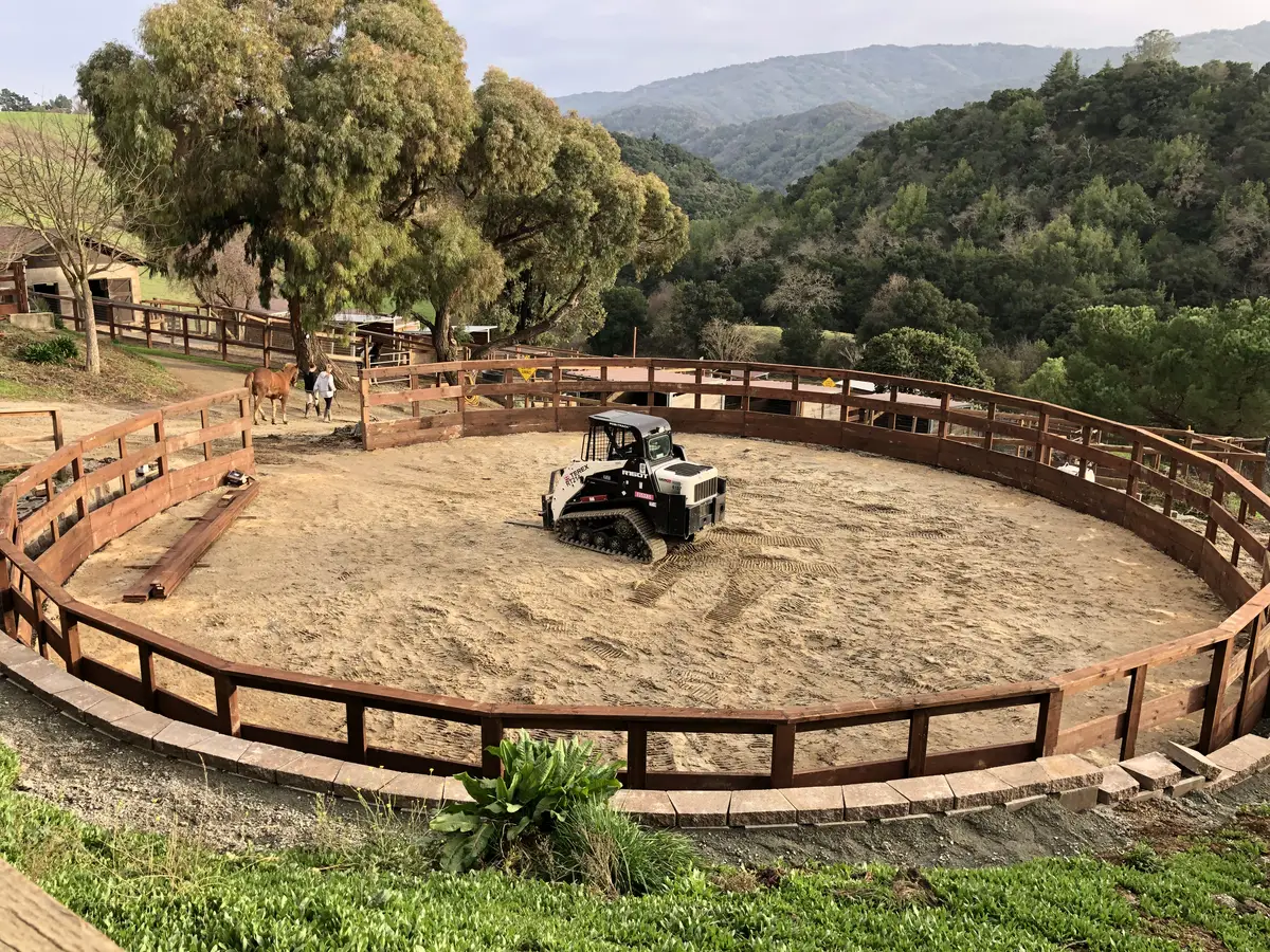 Open-rail redwood round pen with a kickboard in a sandy clearing, horses and wooded hills behind