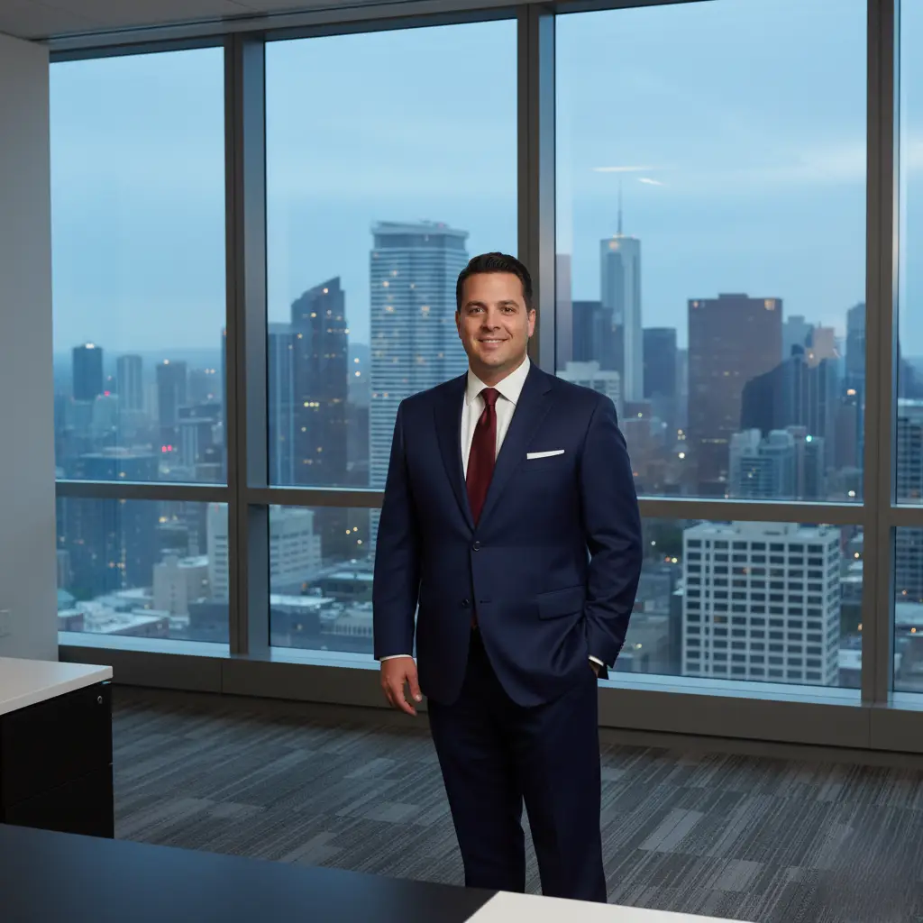 A professional man in a board room wearing a custom made-to-measure navy suit, white dress shirt, white pocket square and a tie