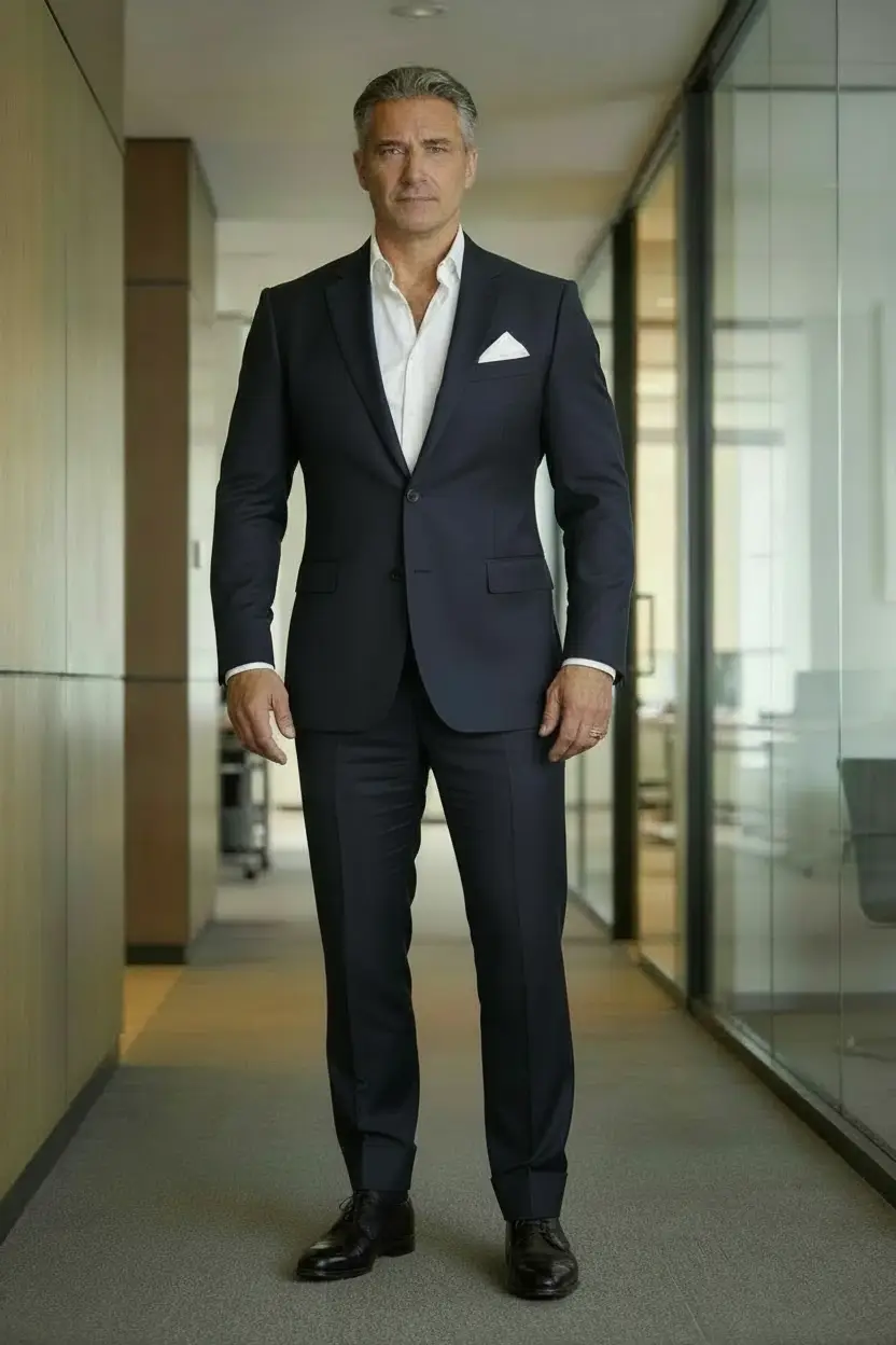 A man in a custom charcoal suit with a white dress shirt and white pocket square