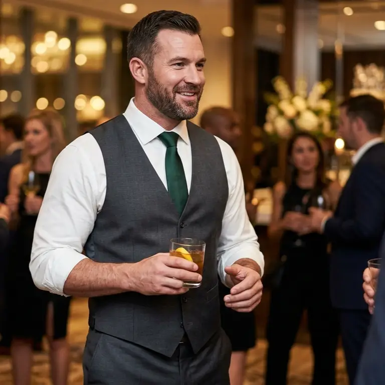 An Abbotsford man at a wedding in Abbotsford holding a drink wearing a custom vest and dress pants and dress shirt from Cardero Clothing in Abbotsford