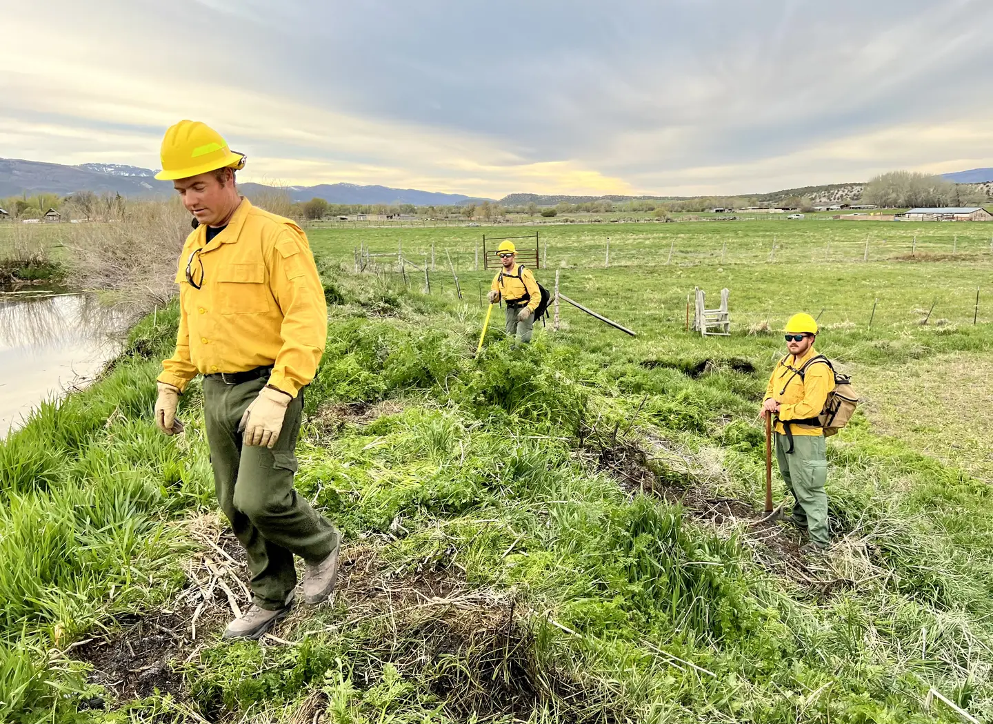Spring City wildland firefighters in yellow fire shirts and helmets, carrying hand tools across a green field