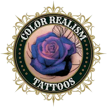 Cover-up tattoo by Alek the Saint in San Marcos, CA, displayed in a gold and green frame