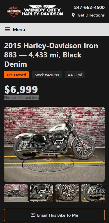 Dynamic VDP page for a 2015 Harley-Davidson Iron 883 at Windy City Harley-Davidson