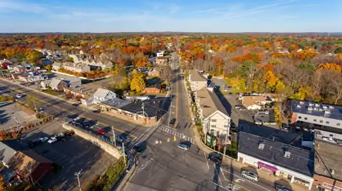 Aerial view of Wilmington streets and homes in autumn