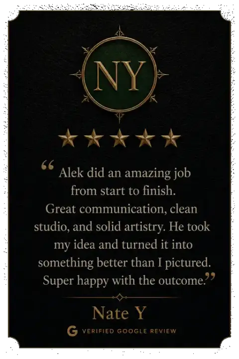 Five-star Google review from Nate Y praising Alek the Saint’s communication, clean studio, artistry, and ability to improve his tattoo idea.