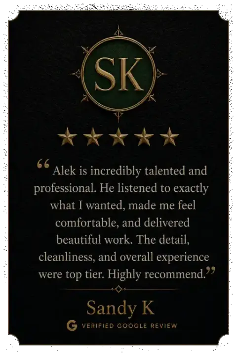 Five-star Google review from Sandy K praising Alek the Saint’s talent, professionalism, attention to detail, cleanliness, and client care.